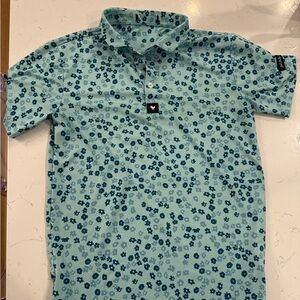 Bad Birdie Youth  Floral Polo Shirt in Light Teal. Golf shirt sz Lg